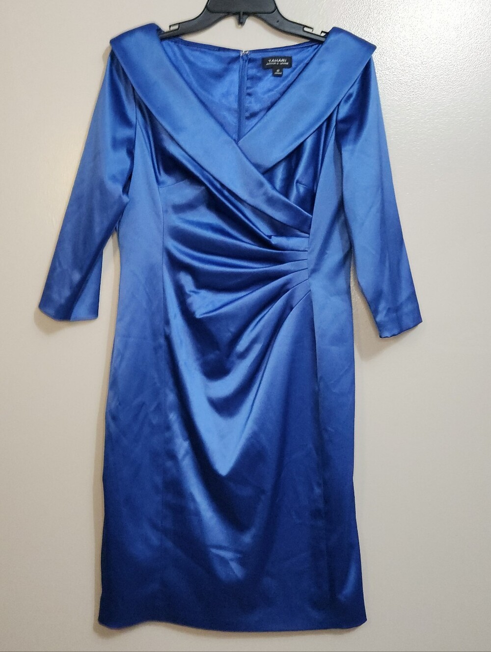 Tahari ASL Sapphire Blue Satin Draped V-Neck Midi Dress Size 10